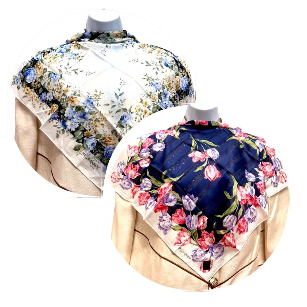 2) New  Beautiful YSL MiniScarf/Handker cotton 19 "  Purple  Pink Floral (59